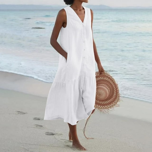 Staron Liquidation Robes d'Été pour Femmes 2025 Coton Lin Sans Manches Élégante Fluide Ample Longue Robe Vacances Boutonnée Col en V Grande Taille Robes avec Poches Blanc TG