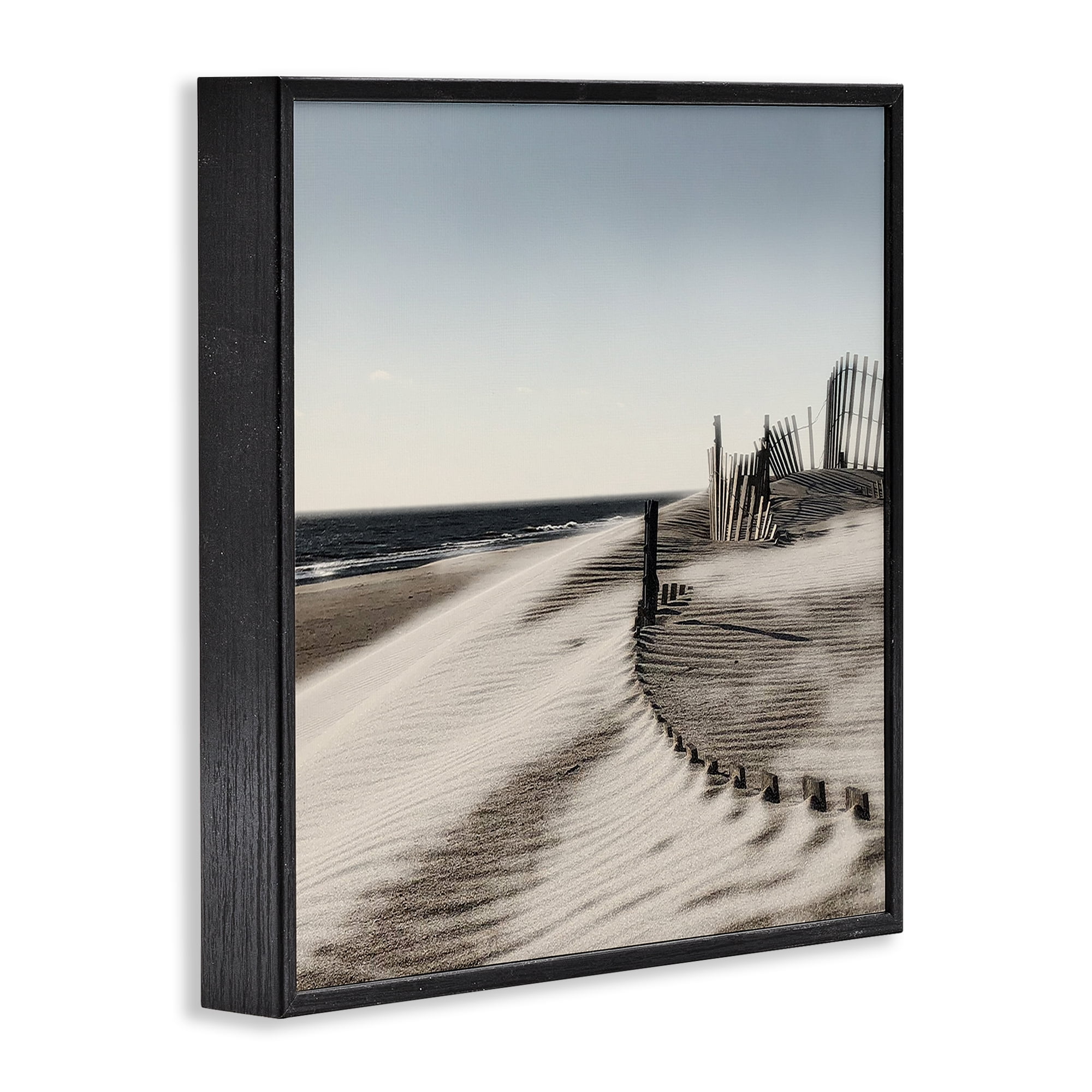 Stupell Industries Rippled Beach Fence Landscape Painting Black Framed Art Print Wall Art, 12 x 12