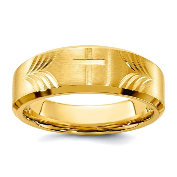 Stainless Steel Brushed and Polished Yellow Ip Sparkle-Cut Religious Faith Cross 8mm Tapered Band Ring for Women and Men