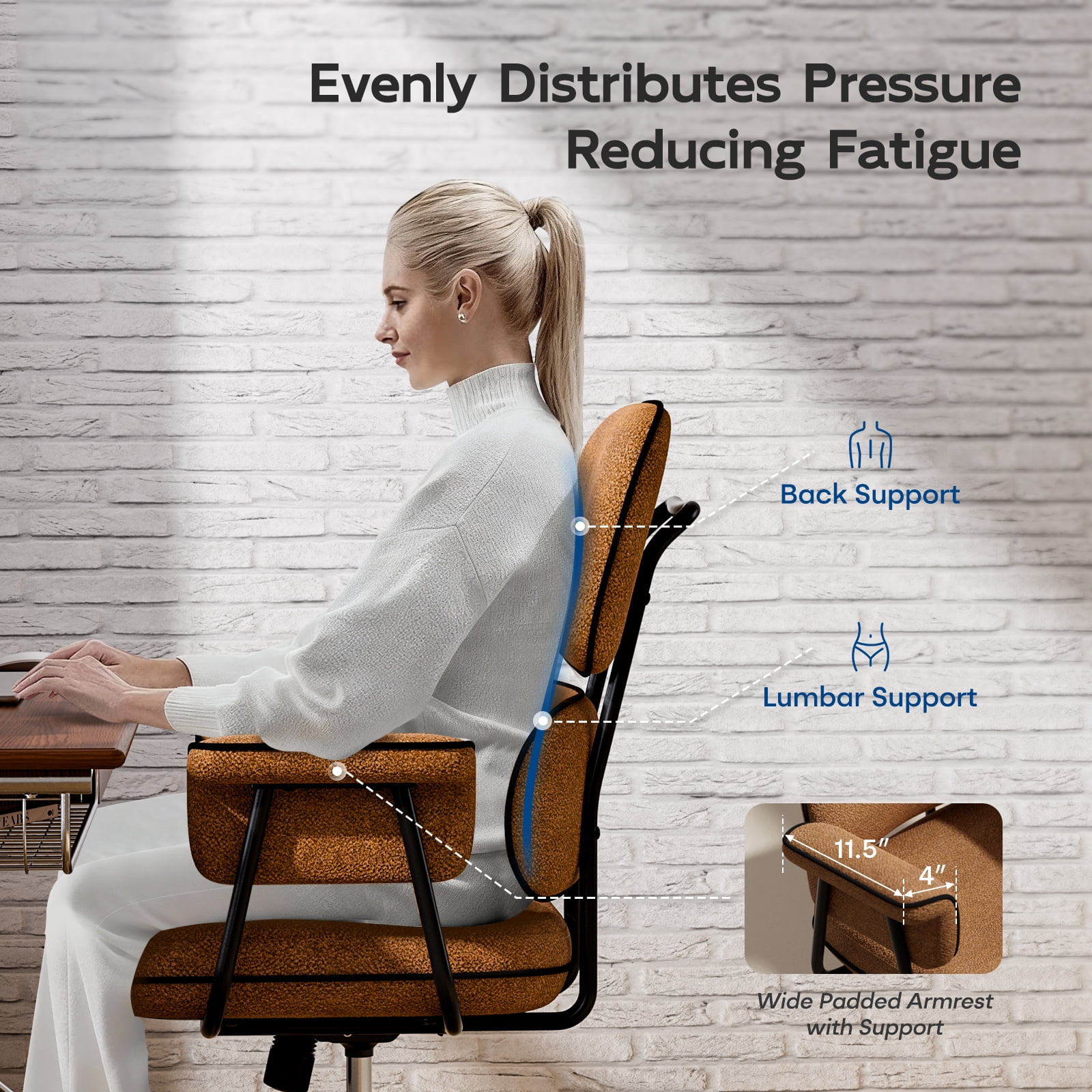 Genpo Desk Chair with Wheels and Arms, Brown Linen Fabric Executive Office Chair with Memory Foam Wide Seat, Padded Arms, Lumbar Support and Adjustable Height