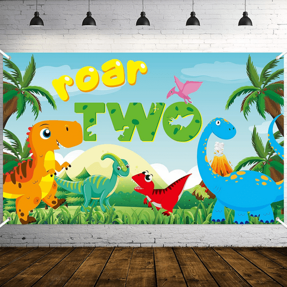 Roar Two Birthday Banner Dinosaur Theme 2 Year Old Wild Forest Photo Background,71x43 inch