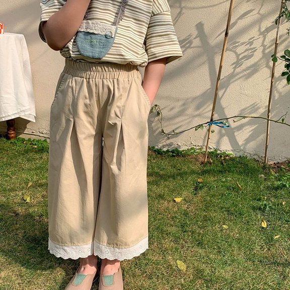 CheerKidz Toddler Girls' Solid Color Cute Lace Leisure Pants 1-11 Years Fashion Wide-Leg Trousers for Kids,Ideal for Summer Lightweight Comfort and Stylish Wear(Beige,5 Years)