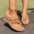 thumbnail image 2 of Women's Wedge Sandals Cute Flower Platform Slip on High Heeled Slides Open Toe Cork Wedges Heels Summer Dressy Shoes Khaki Size 9, 2 of 8