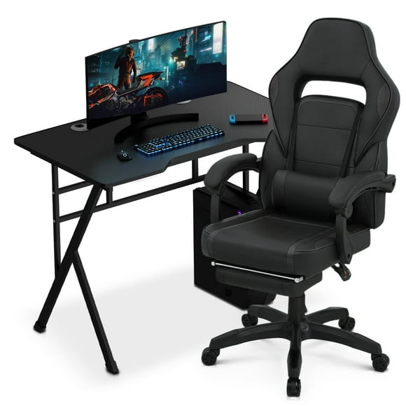 MoNiBloom Desk and Chair Set, Computer Desk Modern Design Home Office Gaming X-Shape Table, Ergonomic High-Back Gamer Chair Executive Chair with Soft Arms for Living Room