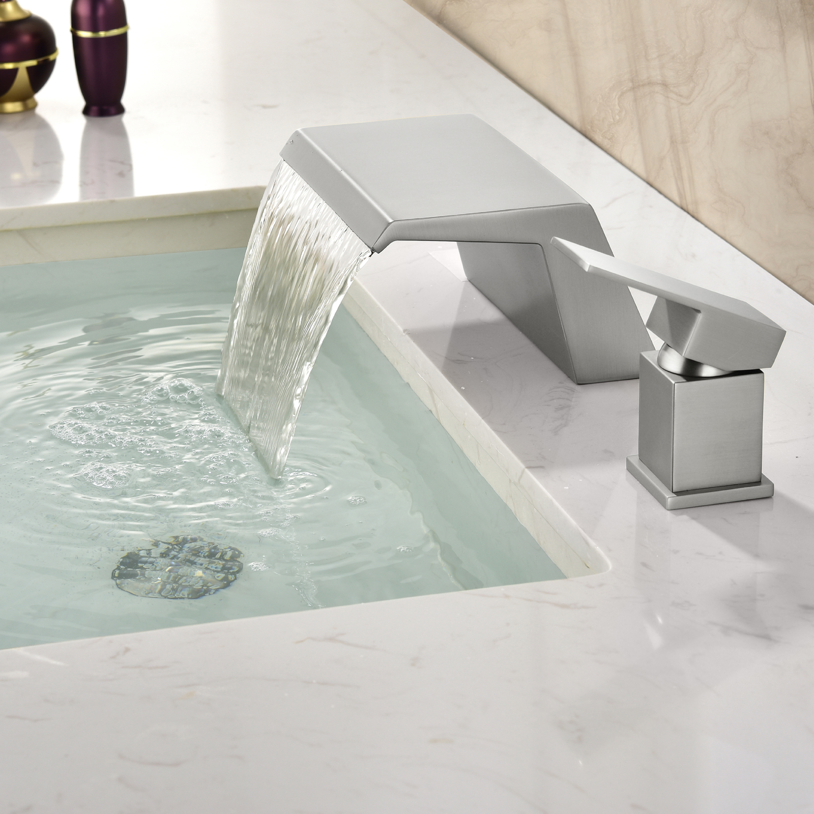 Cobbe Single Handle 2-Hole Mount Bathroom Sink Faucet with Wide Waterfall Spout Brushed Nickel