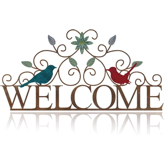 Metal Welcome Wall Art Sign for Front Door, Vintage Words Wall Decor Birds on Branch Welcome Sign Wall Sculpture Hanging for Indoor Outdoor Home Living Room Bedroom Entry Door (Small)