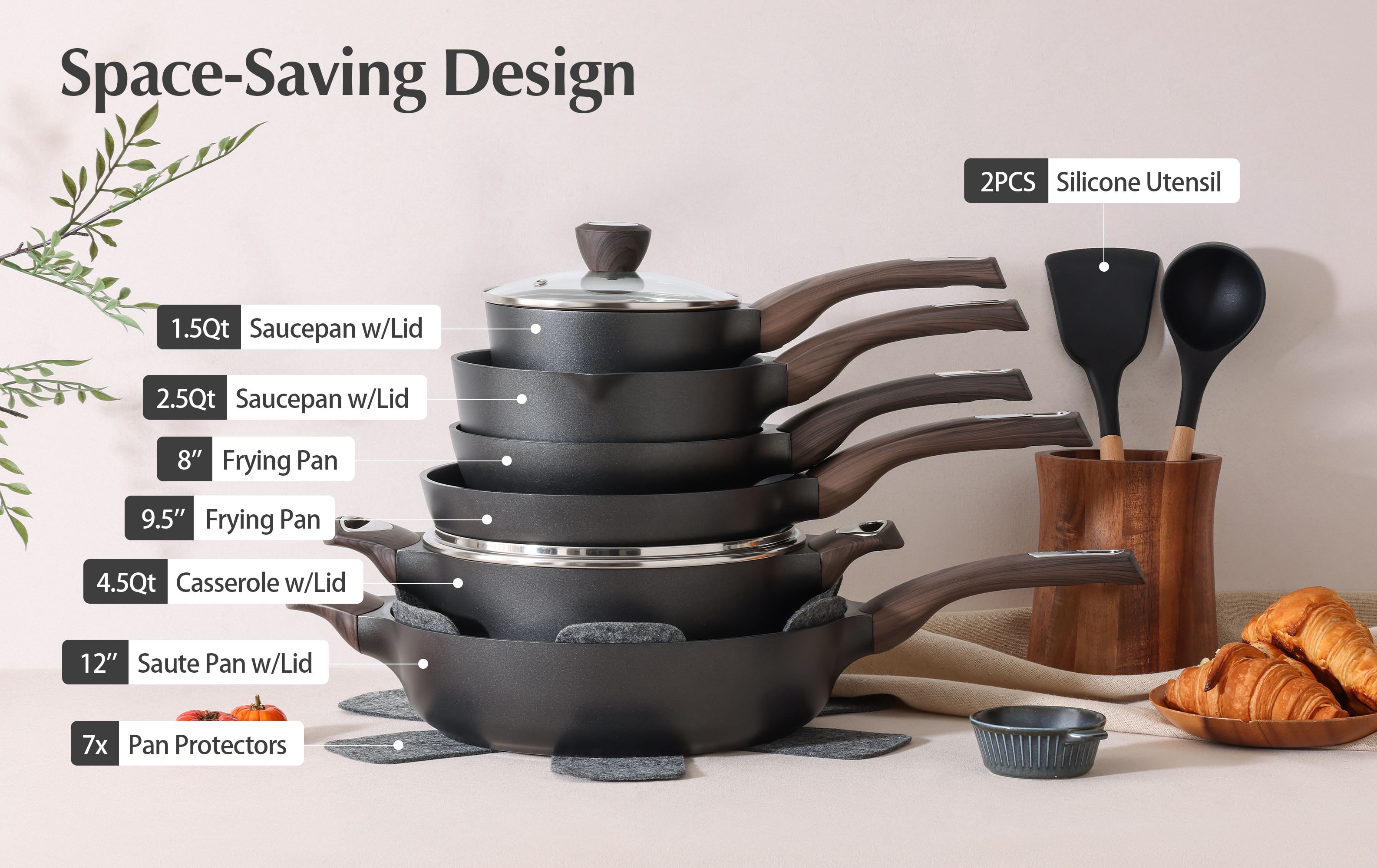 SENSARTE 19-Piece Nonstick Pots and Pans Set, Black Healthy Cookware Set, Kitchen Cooking Sets with Stay-Cool Handles, Induction Compatible, Stackable