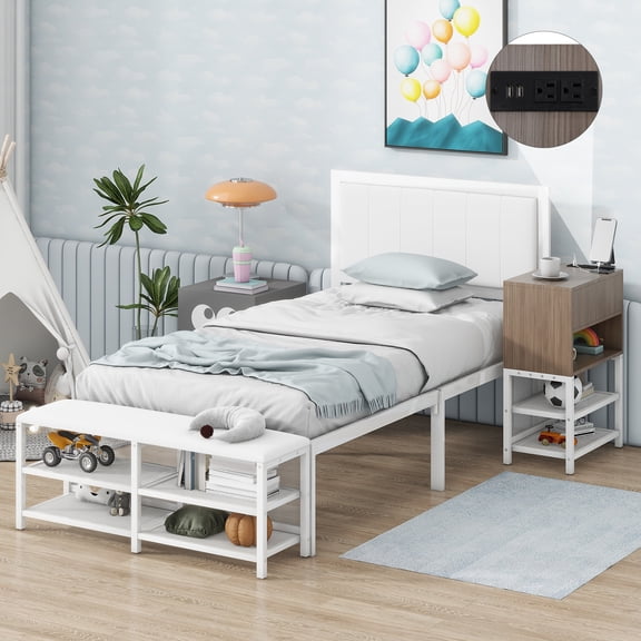Bellemave 2 Pcs Bedroom Furniture Sets, Twin Size Platform Bed with a Nightstand, Nightstand with Storage Drawer, Wooden Twin Bed Frame with Headboard for Teens Adults(White)