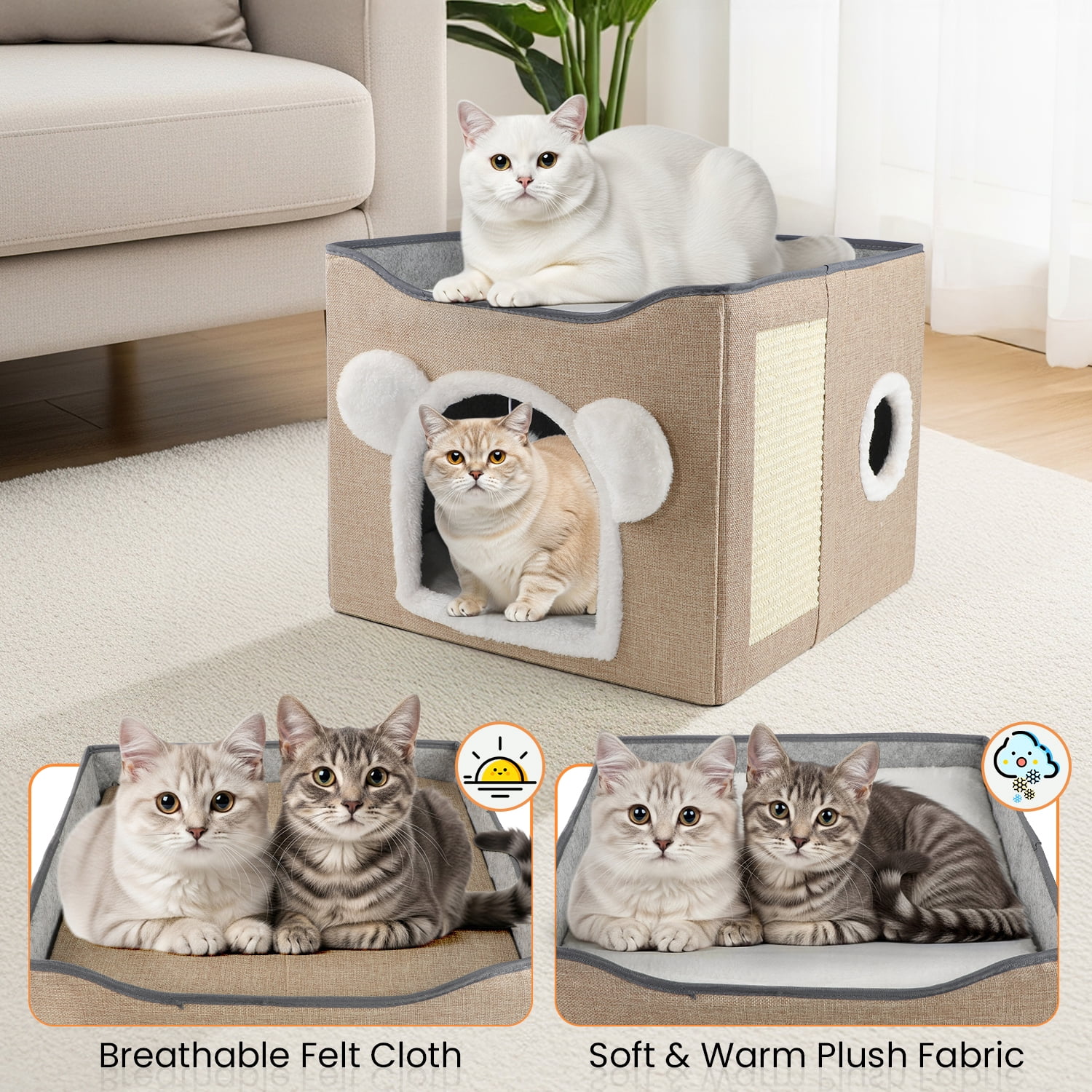 MASBRILL Cat Beds for Indoor Cats - Large Pet Cat Bed Cave with Scratch Pad and Fluffy Ball, Foldable Cat Hideaway for Multi Small Pet