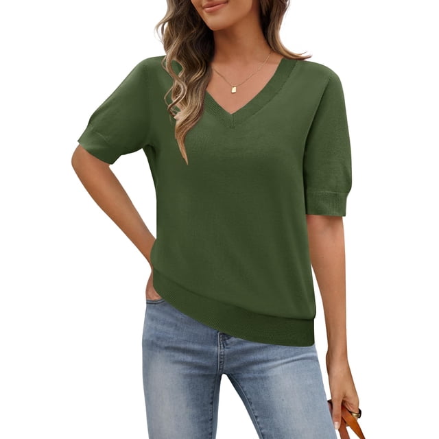 Top MEROKEETY de verano para mujer, manga corta, cuello en V, tejido verde militar