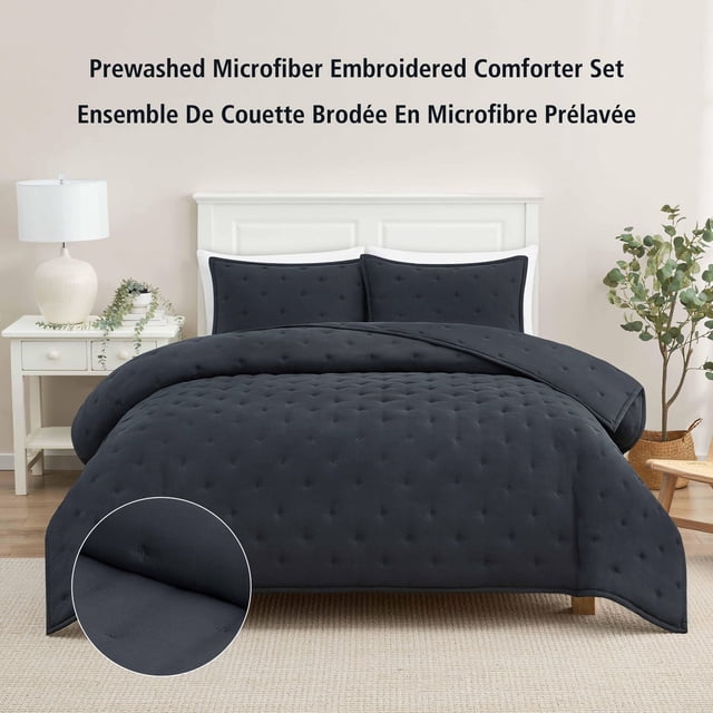 Mainstays 3-piece greystone microfiber comforter set with embroidered tufted pattern displayed on double queen bed in modern bedroom.