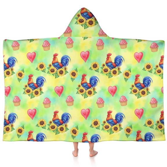 Rooster and Sunflower Green Pattern Hooded Bath Towel Wrap for Teens Ages 3 To 12, Soft Lightweight Quick Dry Microfiber Bath Beach Pool, 60"x35"