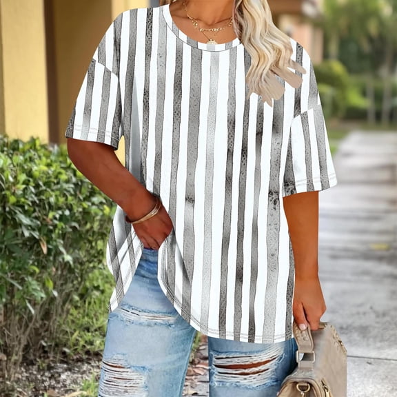 Craaazy Women's Fashion Plus Size Oversized Colorful Print Crew Neck Short Sleeve T-Shirt for Daily Wear Gifts
