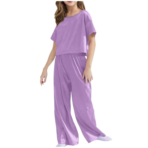 Diufon Girls Pajama Sets Casual Short Sleeve Crewneck Tops and Elastic Wide Leg Pants Stain Homewear Set