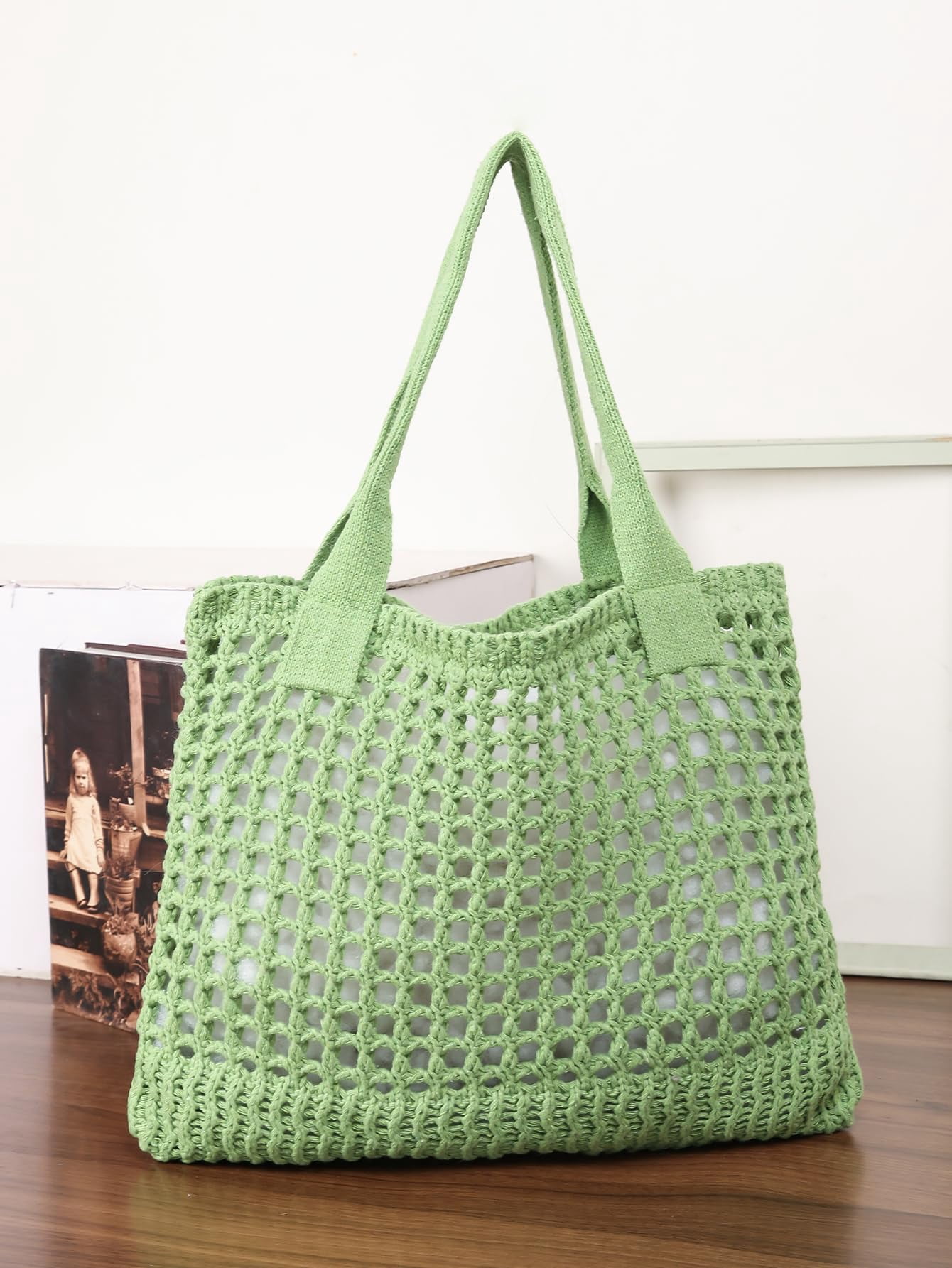 Women's Beach Tote Bag, Crocheted Knit Hollow Design, Stylish & Spacious Tote for Beach,Travel,and Everyday Use,Cute Aesthetic Summer Handbag(khaki)