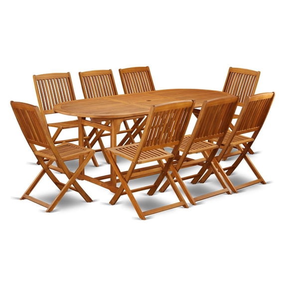 East West Furniture Beasley 9-piece Wood Outdoor Set in Natural Oil