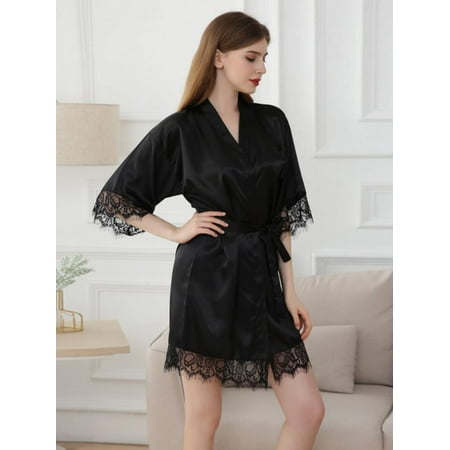 Sonbest Women Satin Kimono Robes Silk Short Bridesmaid Robe Lingerie Dressing Gown S-XL