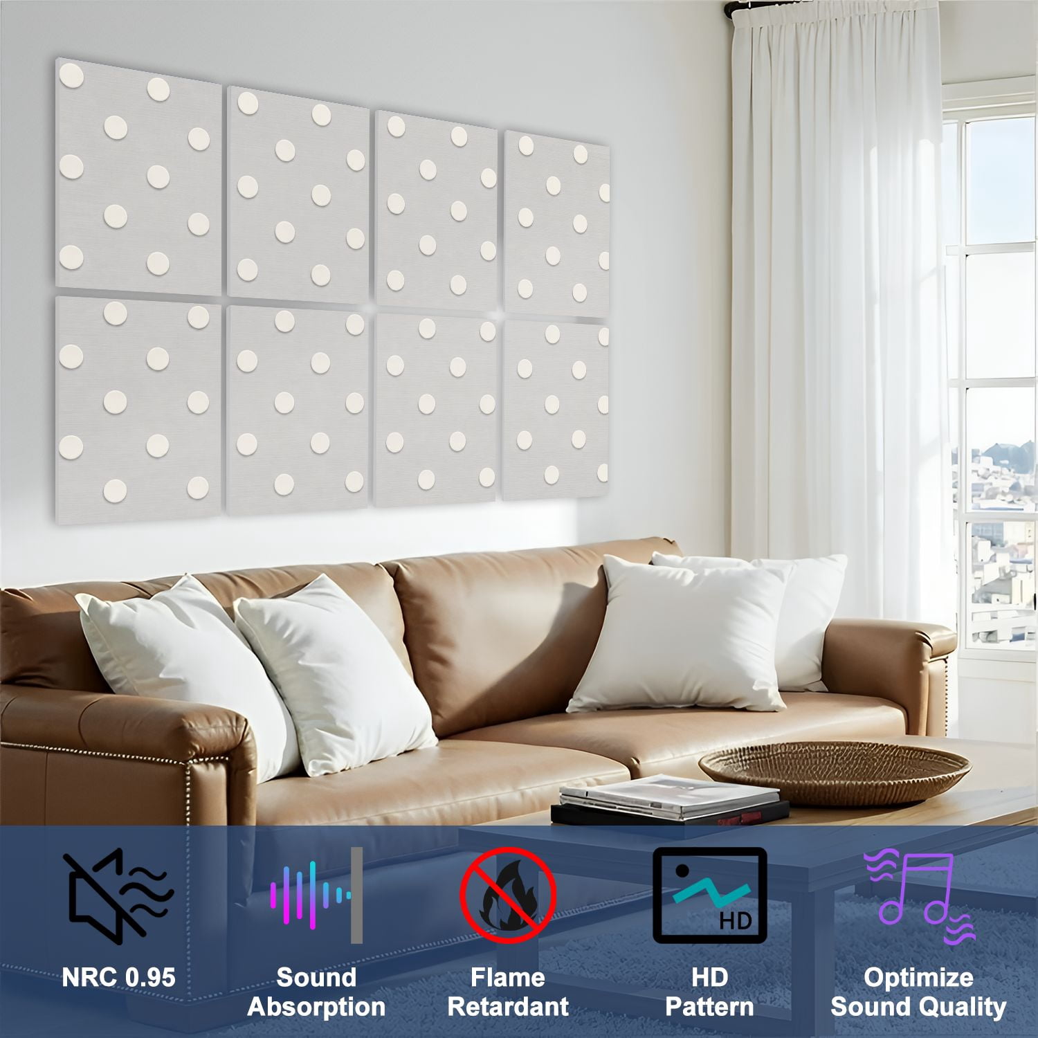 8 Pack Art Acoustic Panels Sound Absorbing White Polka Dot Light Gray Decorative Soundproof Wall Panels Self Adhesive for Nursery Game Room Bedroom 48"x32"