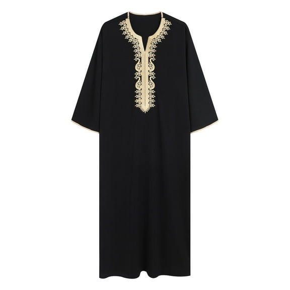 Fancifize Mens Kaftan Maxi-Muslim Kaftan Thobe Male Shirt Long Sleeve Abaya Dubai Muslim Clothes for Men Print V Neck Thobe Thawb Caftan