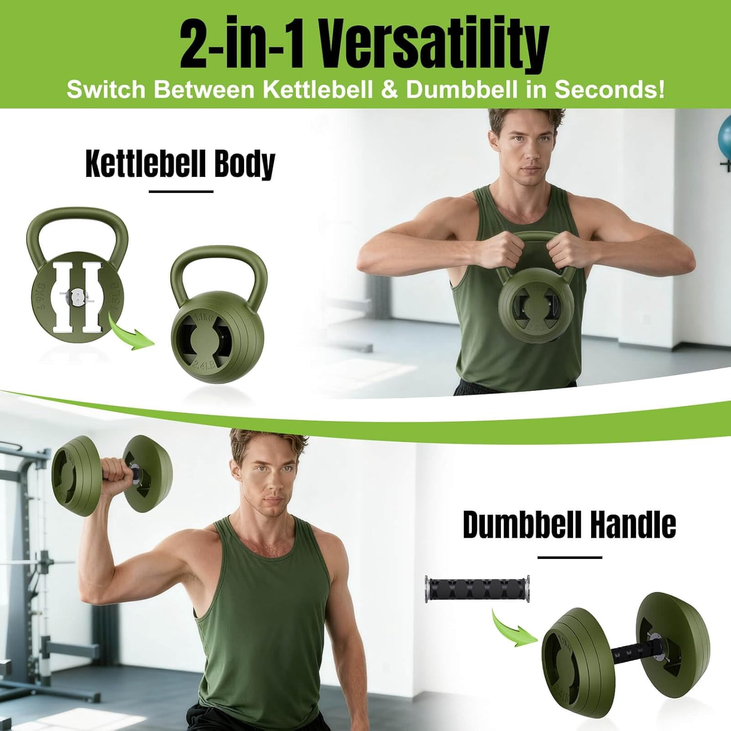 2-in-1 Adjustable Kettlebell, 15-45 LB Kettlebells Weight Set with Wide Grip, 4.8-30 LB Dumbbell Weights for Home Gym Strength Training