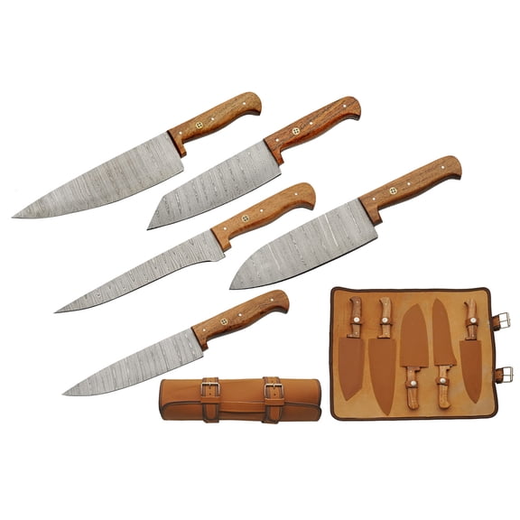 SANZ 5-Piece Kitchen Knife Set with Mosaic Wood Handles Damascus Steel Blades and Carrying Roll