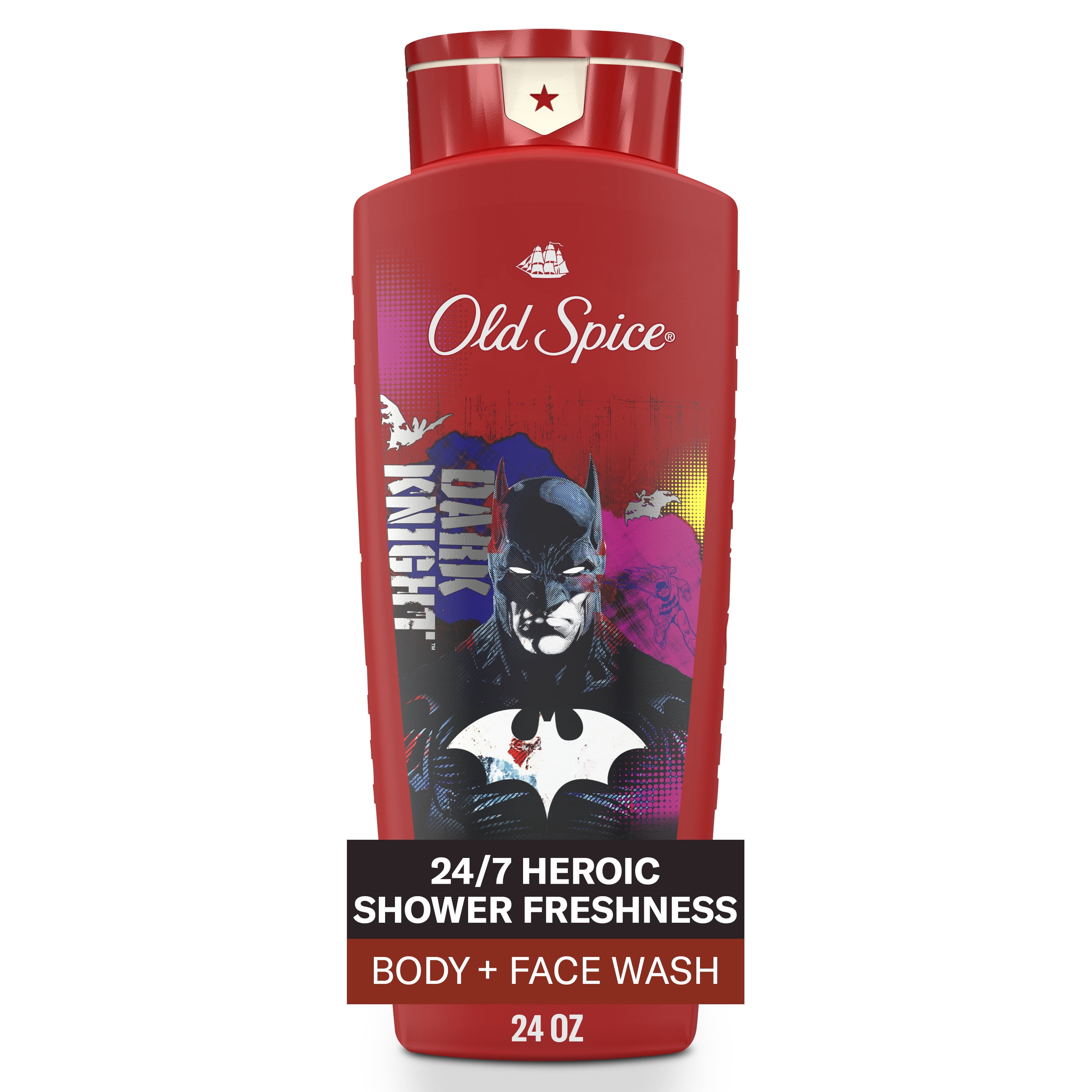 (4 pack) Old Spice Cleansing Body Wash for Men, 24/7 Shower Fresh, 2 in 1 Body and Face Wash, Rich Lather, Batman, Black Cherry and Nightfall Scent, 24oz