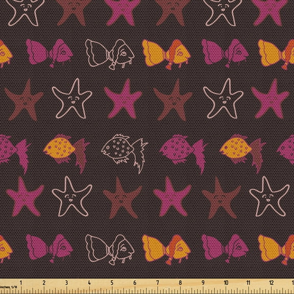 Ambesonne Starfish Fabric by the Yard Upholstery, Happy Sea Animals Pattern, 10 Yards, Dark Maroon Pink Orange