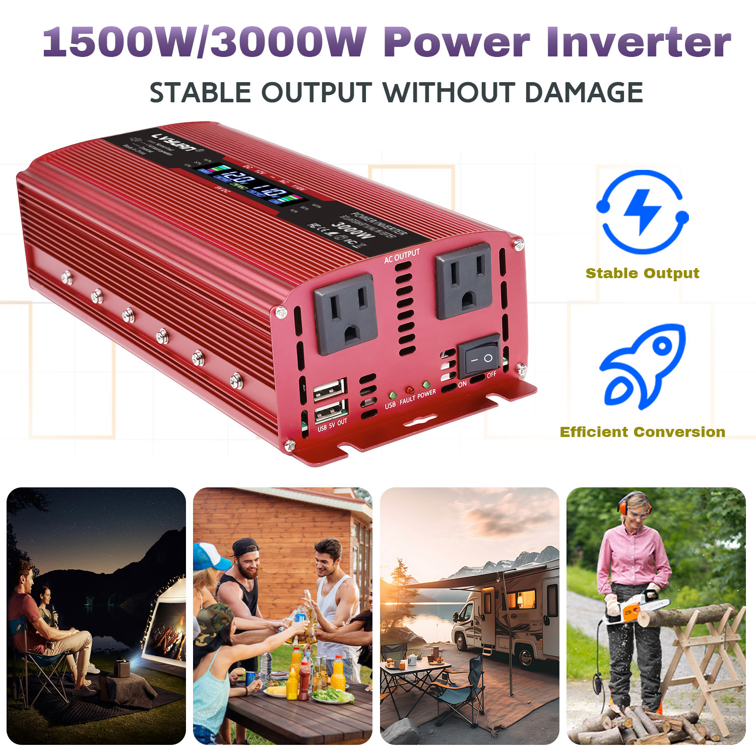 LVYUAN 1000W 2000W Modified Sine Wave Peak Power Inverter, 12V DC to 110V AC Car Inverter with Dual USB & AC Outlets, LCD Display, Black for RV, Truck, Camping, Travel (Inversor de Energa para Auto)