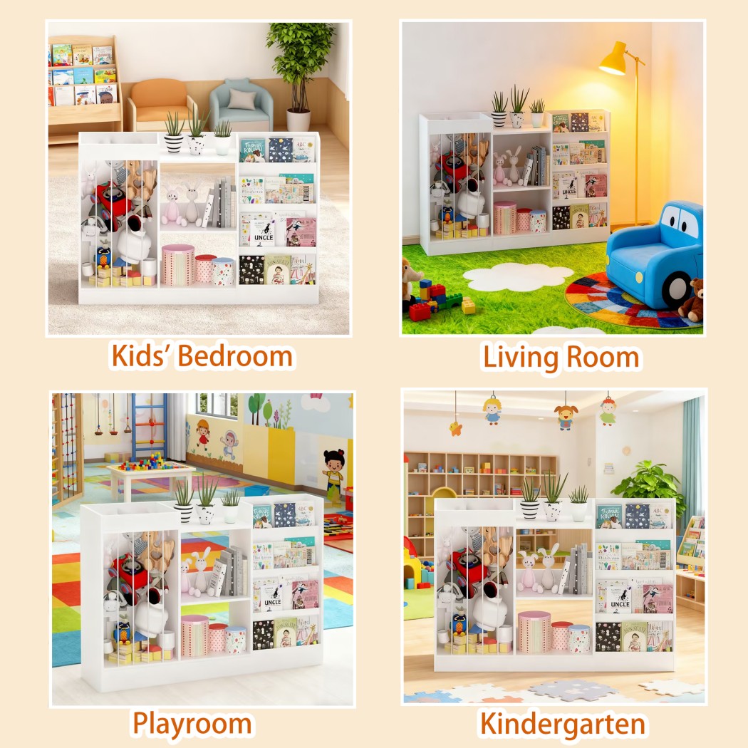 3-in-1 Kids Bookshelf and Toy Storage, 4-Tier Montessori Bookcase with Sling Stuffed Animal Organizer & 3-Tier Toy Shelf for Nursery, Playroom & Kindergarten, White