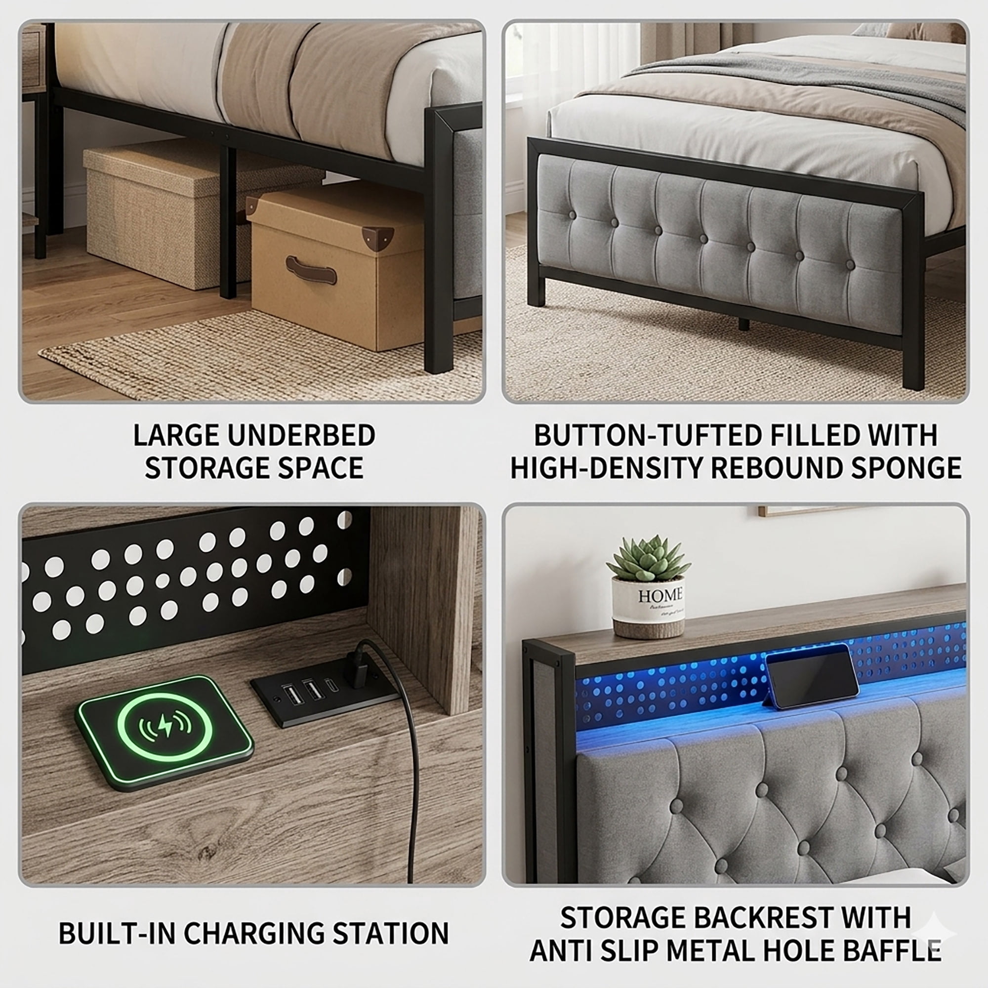 Omniberg Full Bed Frame with LED Lights, Storage Headboard & Charging Station – Upholstered, Heavy Metal Slats, No Box Spring, Noise-Free, Easy Assembly