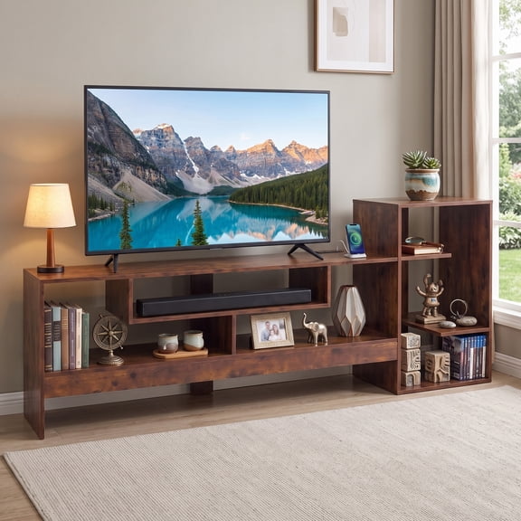 Cube TV Stand for TVs up to 55", Entertainment Center with Power Outlets and Open Storage Shelves,Rustic Brown