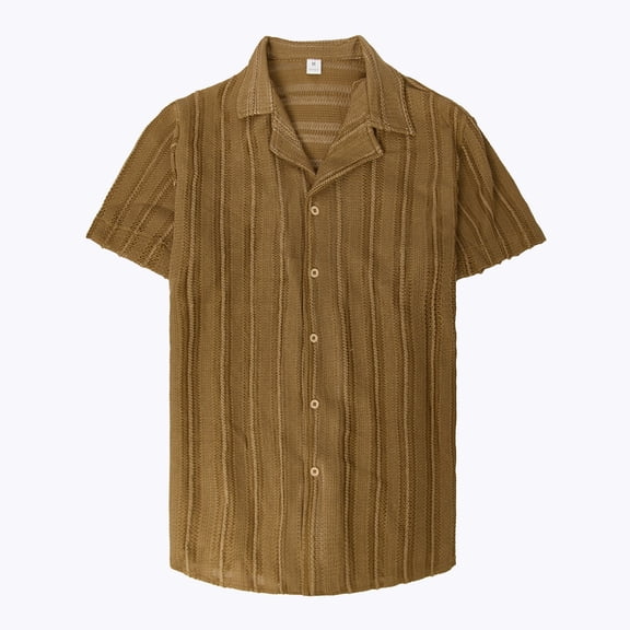 Men's New Casual Knitted Cardigan, Cool Hollow Out Short Sleeve Shirt, Summer Top, Soft Breathable, Lightweight,Camel,L