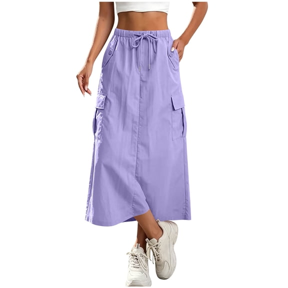 aohooy Womens Cargo Skirt Casual Drawstring Elastic Waist Midi Skirt with Pockets Back Slit A Line Wide Leg Summer Work Skirts Purple,L