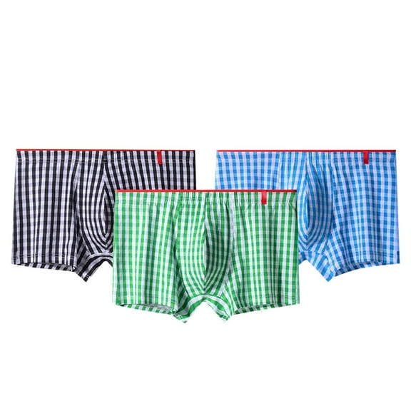 LYEAA Athletic Underwear Men 3-Pack Cotton Soft Breathable Boxers Plaid Plus Loose Comfortable Underpants Elastic Waistband Fashion Support Pouch Briefs No fly Multicolor L