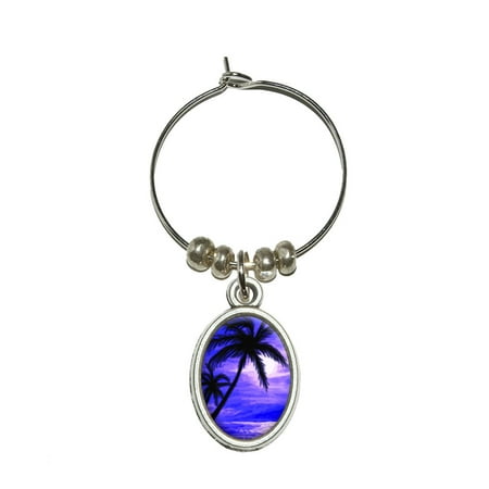 Palm Trees And Sunset Purple - Beach Tropical Ocean Oval Wine Glass Charm