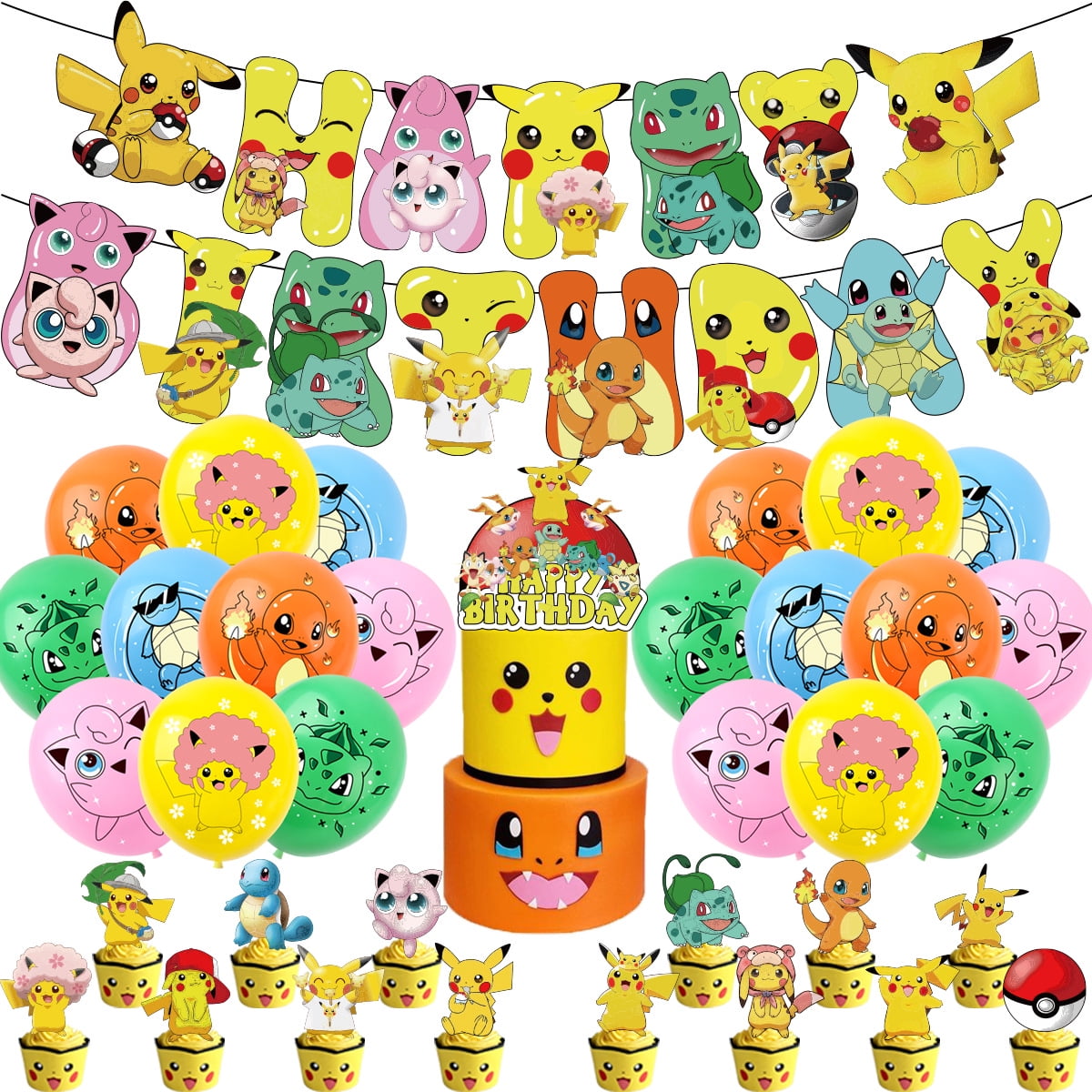 Pikachu Birthday Party Supplies, Including Happy Birthday Party Backdrop, Plates, Cupcake Toppers, Tablecloths, for Girl Boy Pikachu Theme Baby Shower Birthday Party Decorations