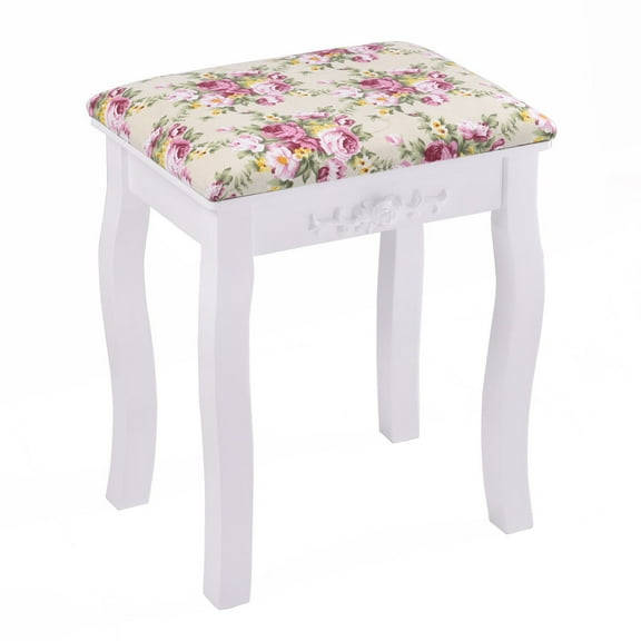 Topbuy MDF Dressing Stool Old-fashioned Vanity Chair Cushion Padded Seat w/ Rose Pattern White