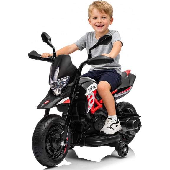 6V Electric Ride-On Dirt Bike Motorcycle with Training Wheels, 1.5 mph Low Speed, USB Music, Working Headlight, Front Spring Suspension, Steel Frame, 55 lb Capacity, Ages 3-5,Red