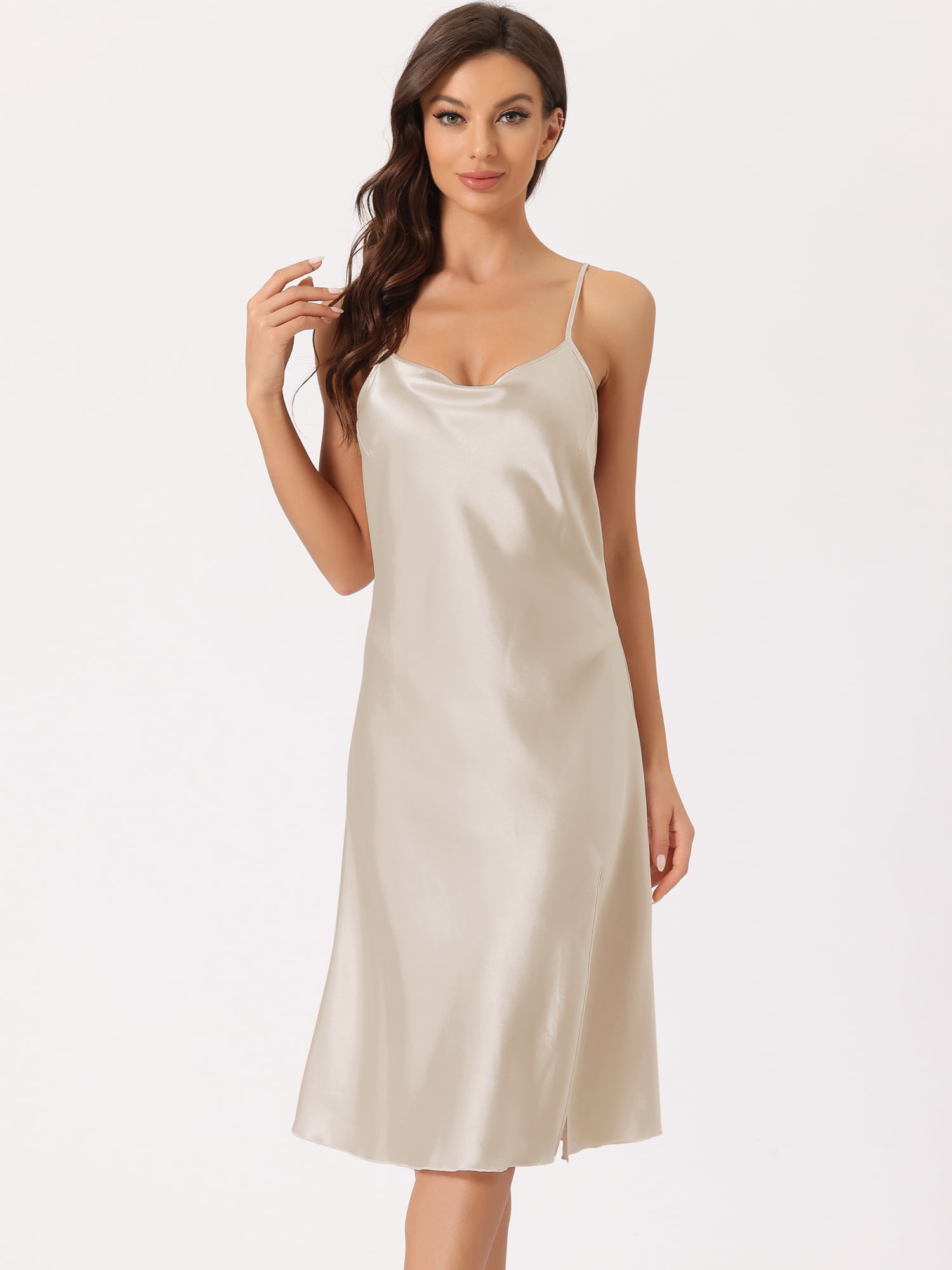 DARING DIVA Women's Satin Sleeveless Backless Slit Silky Midi Nightgown M Champagne
