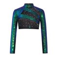 thumbnail image 3 of renvena Girls Long Sleeve Lyrical Dance Crop Top Sequins Backless Rhinestones Press Button Jazz Hip Green 10, 3 of 5