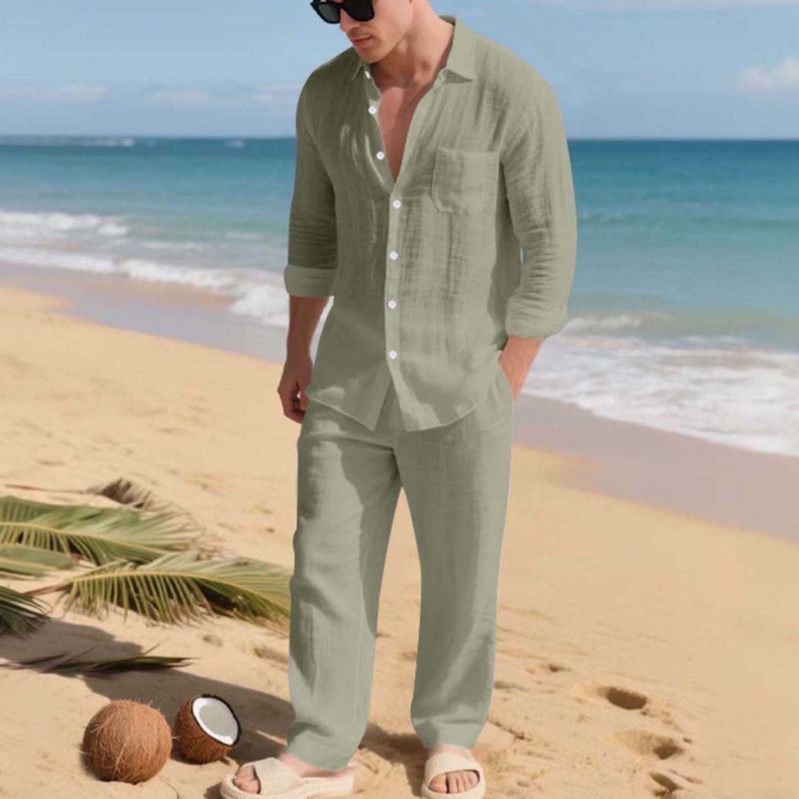 Men's Linen Casual Outfits Piece Solid Color Cuban Shirt and Pants Set Lightweight Beach Vacation Suit