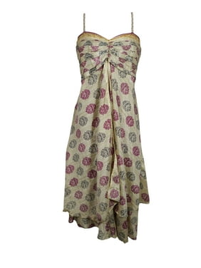 Mogul Women Beige Vintage Recycled Sari Printed Sundress Layered Spaghetti Strap Boho Style Beach Summer Dresses S/M