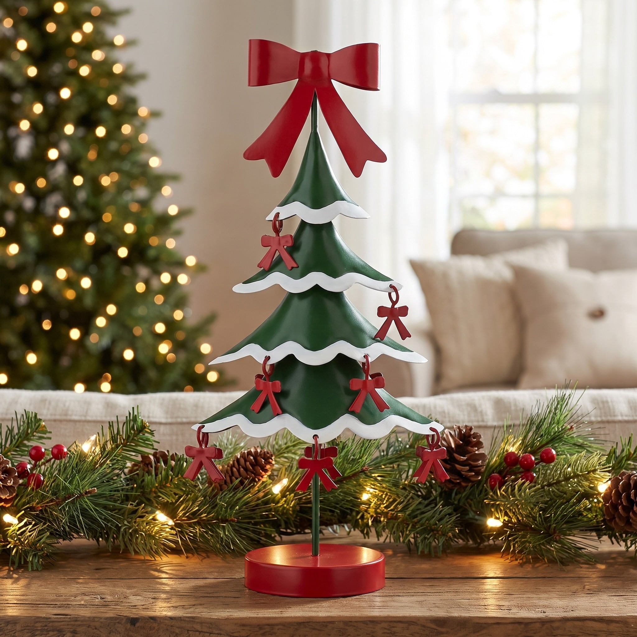 Small Metal Christmas Tree with Bows Decoration, Red/Green/White, 10.5", by Holiday Time