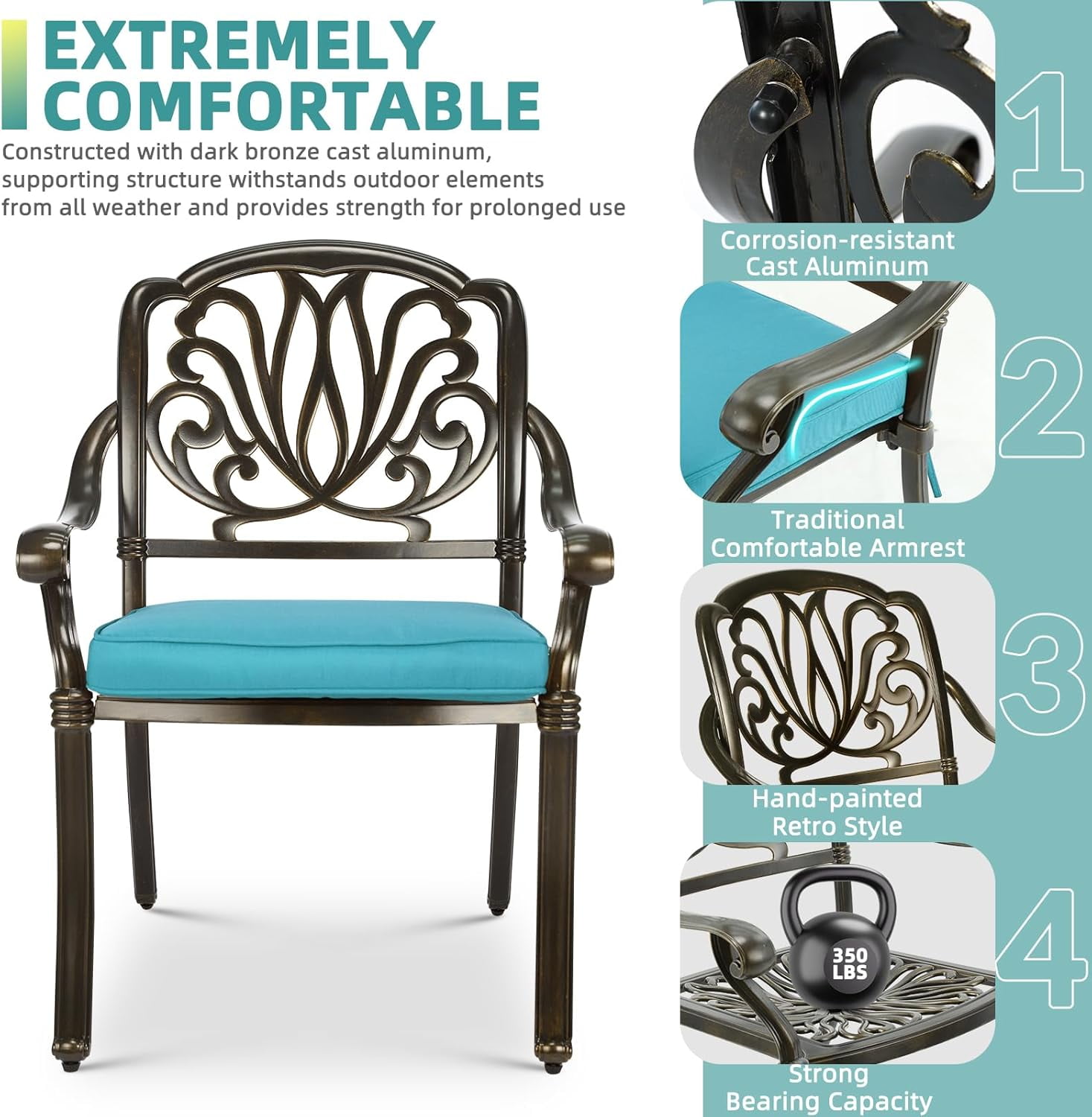 MEETWARM 5 Piece Outdoor Furniture Patio Dining Set, All-Weather Cast Aluminum Patio Table and Chairs Set- 4 Cushioned Chairs, 1 Round Dining Table with Umbrella Hole for Backyard, Ocean Blue