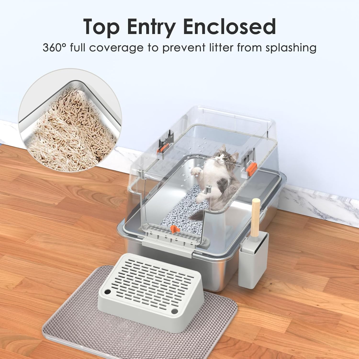 Stainless Steel Cat Litter Box,XL Enclosed Cat Litter Box with Poop Scooper/Footboard/Mat (Light Gray)