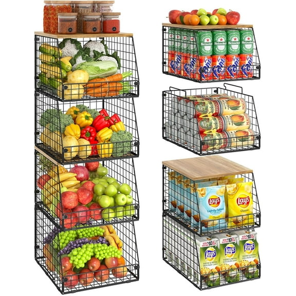 4 Pack Stackable Wire Baskets with Fixed Wooden Top, Vegetable Fruit Storage Bins for Onion Potato Snack, Pantry Baskets for Kitchen Cabinet Countertop, Pantry Organizers and Storage Rack