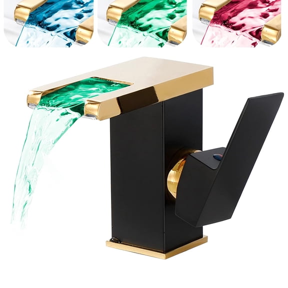 Zovajonia Bathroom Faucet Lavatory Vanity Sink Faucet Single Hole and single Handle LED Waterfall Open Spout Black&Golden Modern Brass