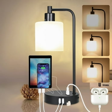 Tomshing Industrial Touch Table Lamp, 3 Way Dimmable Nightstand Lamp with 2 USB Ports and 1 AC Port Outlet, Frosted Glass Shade Vintage Bedside Reading Desk Lamp for Living Room Bedroom Study
