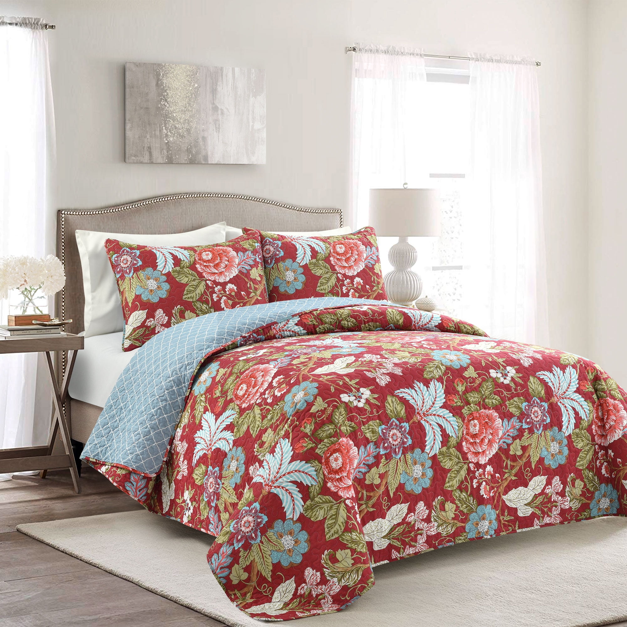 Lush Decor Sydney Floral Cotton Reversible Quilt, King, Red/Blue, 3Pc