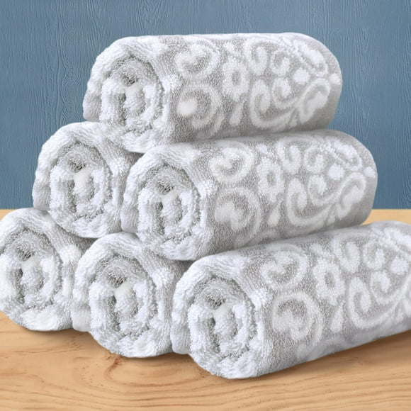 Gris Débarbouillettes, Jacquard Débarbouillettes Lot de 6 13"x13 Pouces - 100 % Coton / Séchage Rapide / Épais / Doux / Absorbant, Serviettes de Luxe pour Salle de Bain & Douche, Jacqua